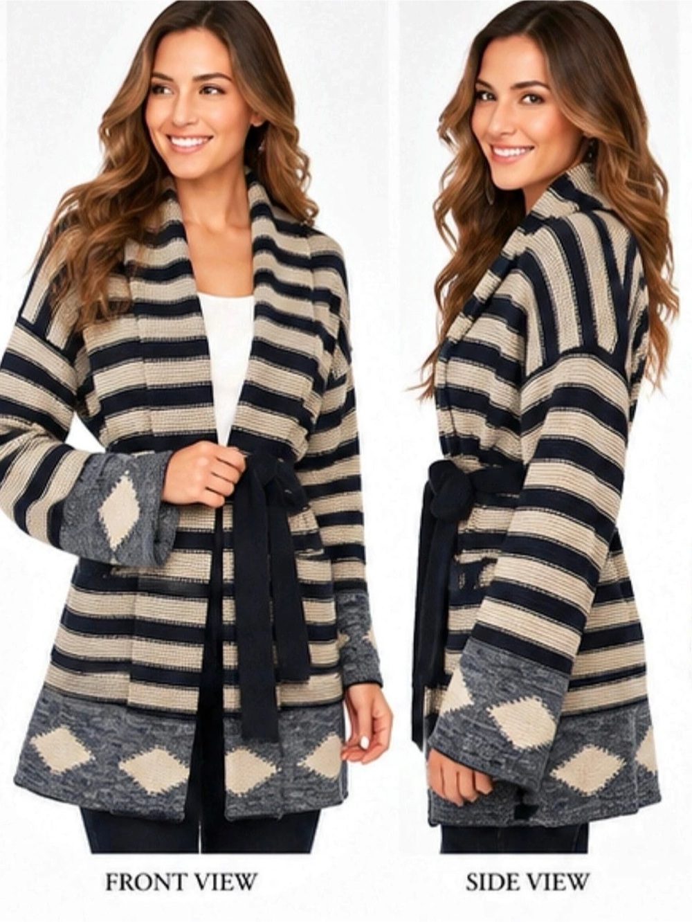 Lauren Jeans Co. Ralph Lauren Belted Striped Knit Cardigan Sweater Size L